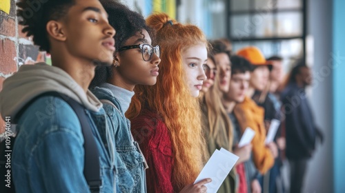 Medium long side view shot of ethnically diverse young people standing in line to get ballot papers at voting station