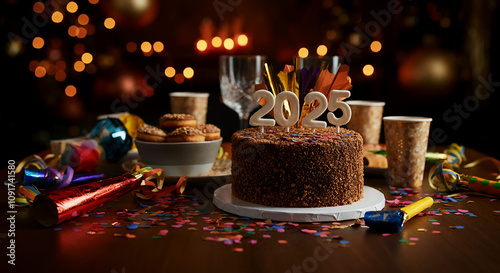 A table filled with New Year’s Eve party essentials noisemakers, confetti poppers, and a cake with “2025” 