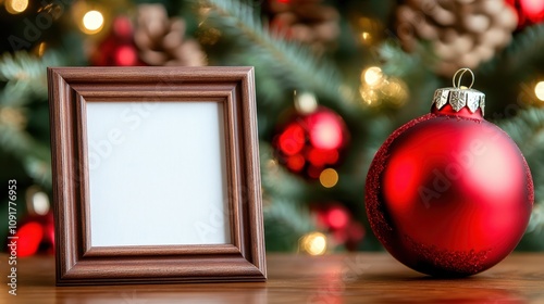 a photo frame and red ornaments on a table