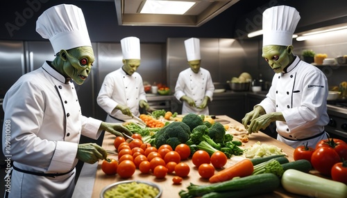 Alien chefs preparing a human meal in a professional kitchen, chopping vegetables and saut�ing ingredients with precision, Generative AI