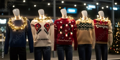 ugly sweater storefront display, storefront showcases quirky mannequins in festive, flamboyant holiday sweaters with twinkling lights and fluffy garlands, luring shoppers to join ugly sweater day