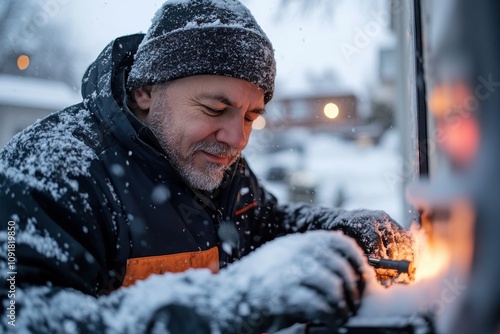 A bearded man smiles warmly as he lights a fire outside in the snowy weather, wearing a beanie and coat, expressing a blend of joy and resourcefulness in winter.