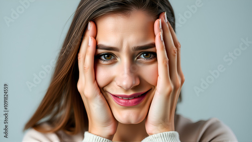 Woman hands holding sad face hiding behind happy face, bipolar and depression, mental health, split personality, mood change concept