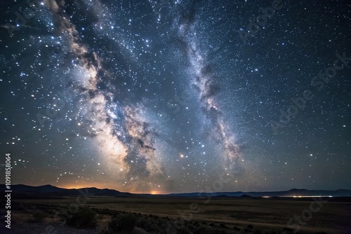 Vast expanse of starry night sky with Milky Way galaxy stretching across the horizon, nebulae, stars, astronomy, milky way