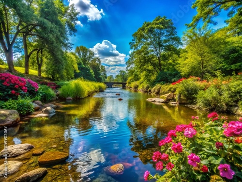 Serene View of Tyber Creek in Charlotte with Lush Greenery, Calm Water, and Vibrant Flora, Showcasing a Peaceful Nature Retreat in an Urban Setting for Relaxation and Reflection