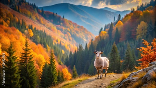 Wild mountain sheep or goat standing in autumn forest with leading lines