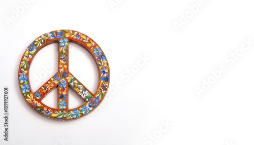 Tie dyed peace hippie 1960s groovy sign or symbol designed for the British nuclear disarmament movement in 1958 is now widely known as the peace sign. Isolated on white background with copy space