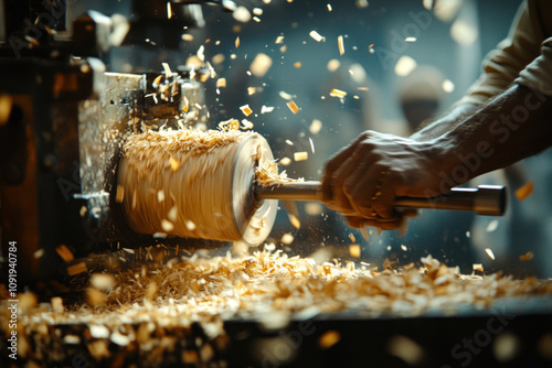 Man sanding wood in workshop, surrounded by tools and sawdust.