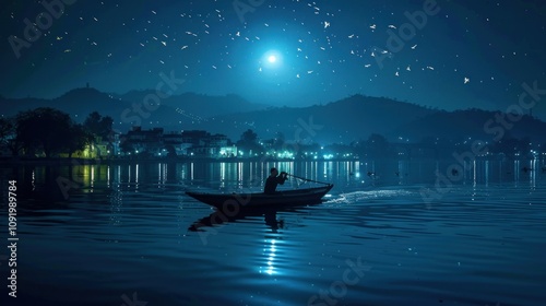 Serene night scene of a lone boatman on a calm lake under a bright moon and starry sky.