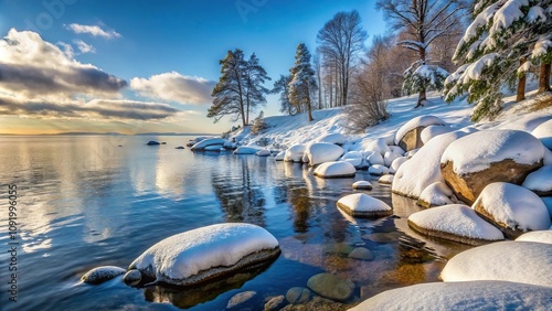 Winter landscape with asymmetrical snow covered rocks and trees on the shore