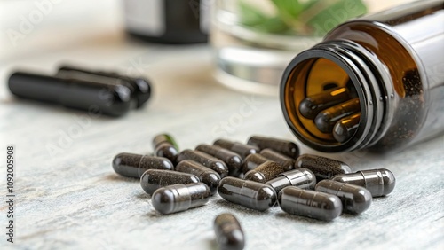 Close up of black cohosh capsules supplement, selective focus, homeopathy