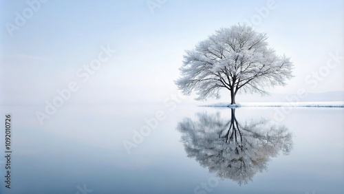 Winter landscape with snow covered trees reflected on a field margin