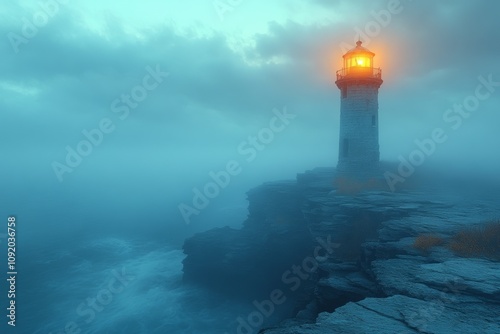 A serene lighthouse illuminating the foggy sea.