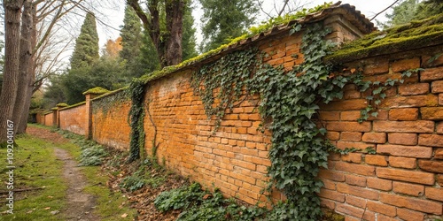 old rustic orange brick wall with ivy and moss, orange, moss, rustic, ivy, overgrowth