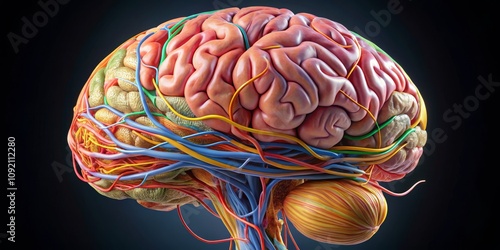 Human Brain with Detailed Nerves and Vessels, 3D Illustration, anatomy, neuroscience