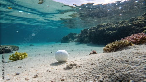 A small white orb settles at the bottom of an oceanic pool surrounded by unbroken water and an underwater landscape, bottom settlement, clear water, underwater