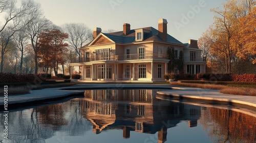 3D model of luxury home with reflecting pool