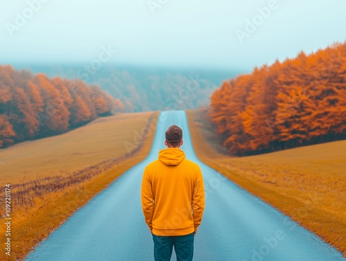 Man in Bright Hoodie Walking on Serene Autumn Road Surrounded by Golden Trees and Misty Forest