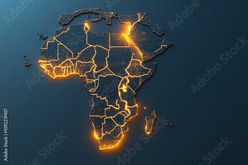 A futuristic map of Africa with glowing neon borders for countries and highlighted megacities