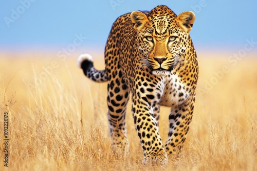 A leopard stalking its prey in the tall grass, its body low and eyes fixed with intensity