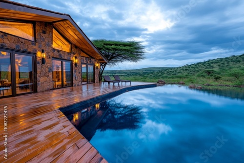 A safari lodge overlooking a waterhole where elephants and antelopes gather to drink at dusk