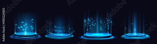 Futuristic hologram platforms with blue glowing neon lights, sparkling particles rising upward from circular bases. Sci fi pedestals with beams and floating dots for product display presentation