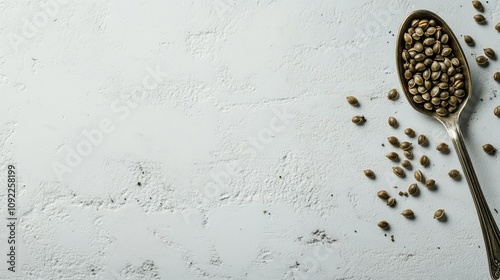 Cannabis seeds arranged in a spoon with additional scattered seeds on a light textured background, featuring a minimalist aerial view.