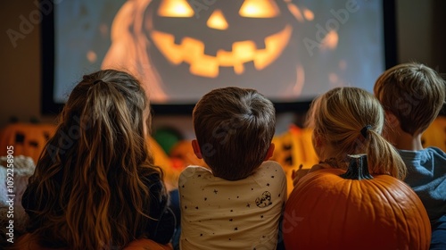 Children enjoying a Halloween movie night, transfixed by a large jack-o'-lantern on the screen, with festive pumpkins in the background.