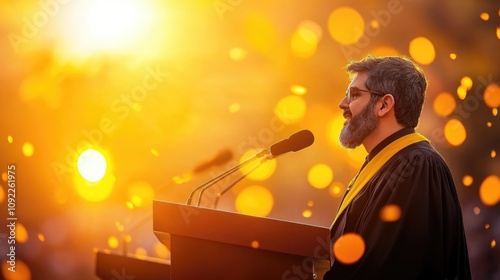 Nobel laureate delivering inspirational speech at ceremony with vibrant bokeh background