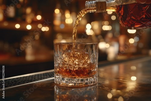 Whiskey pouring into a glass, amber liquid cascading, creating ripples and reflections, against a dark background, capturing a moment of relaxation.