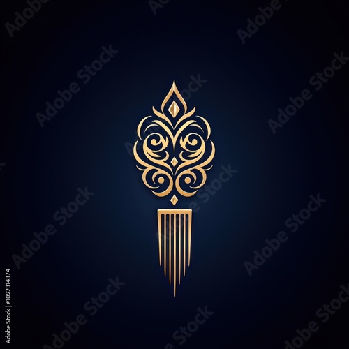 A stylized golden decorative element with intricate patterns and a comb-like design.