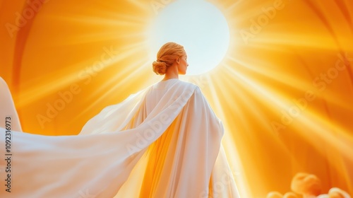 A radiant figure in white stands before a glowing sun, symbolizing purity and divine grace on Immaculate Conception Day.