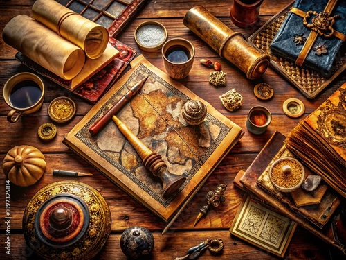 Drone Photography of Ancient Texts and Artifacts Used by Linguists to Study the Nostratic Language Family with Manuscripts, Inscriptions, and Writing Tools on a Wooden Table