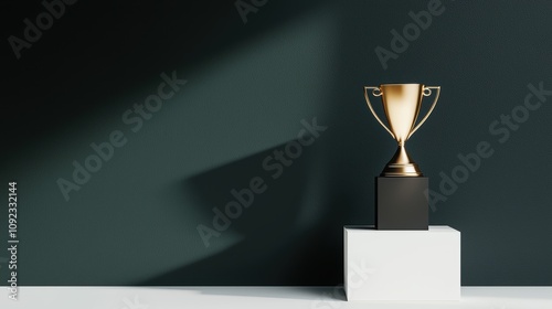 A golden trophy placed on a sleek pedestal under a spotlight, celebrating an extraordinary achievement