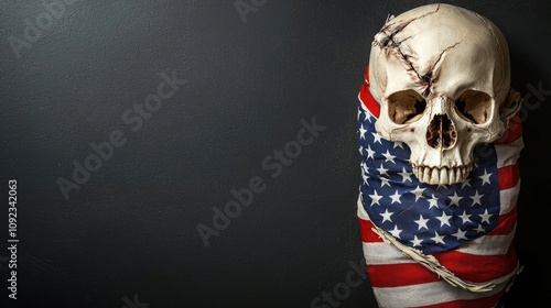 American flag-wrapped skull, dark background, symbolizing mortality and patriotism.