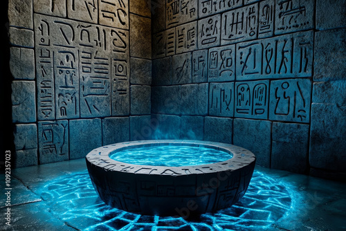 Mysterious crypt. mysterious crypt chamber featuring glowing circular pool surrounded by ancient hieroglyphs. atmosphere is enchanting and evokes sense of wonder