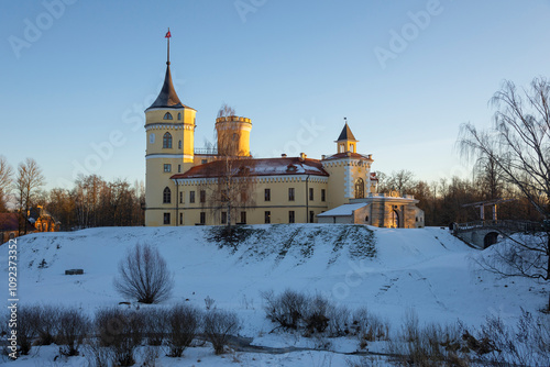 Ancient castle Beep on a winter morning. Pavlovsk (Saint Petersburg) Russia