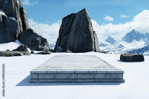 Mysterious crypt. frozen crypt encased in ice, surrounded by majestic mountains and rocky terrain, evokes sense of mystery and solitude in winter landscape