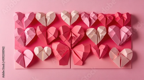 Flat lay of colorful paper craft hearts in various shades of pink arranged on a pink background, ideal for Valentine's Day or anniversary themes with ample copy space.