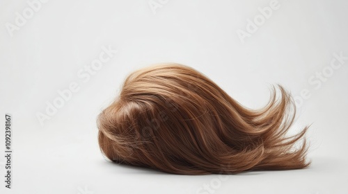 Realistic hair wig displayed on a clean white backdrop, featuring soft, flowing auburn strands and natural layering for a lifelike appearance.