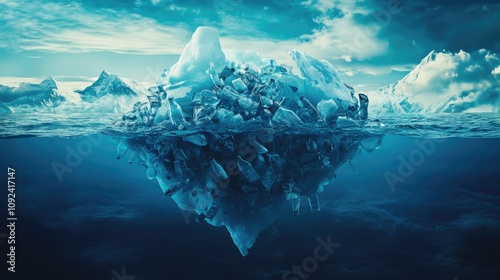 Underwater iceberg submerged with plastic bottles, showcasing the critical issue of ocean pollution and its impact on marine ecosystems.