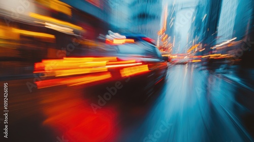 Dynamic action shot of an emergency vehicle in motion, lights flashing vividly amidst a rainy urban landscape, conveying urgency and the adrenaline of responding to a critical situation.