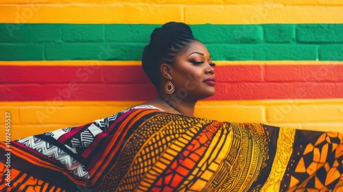 Plus-size woman in vibrant cultural clothing pose