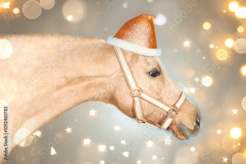 Portrait of a palomino horse in profile wearing a party hat on its ears, with festive New Year lights in the background