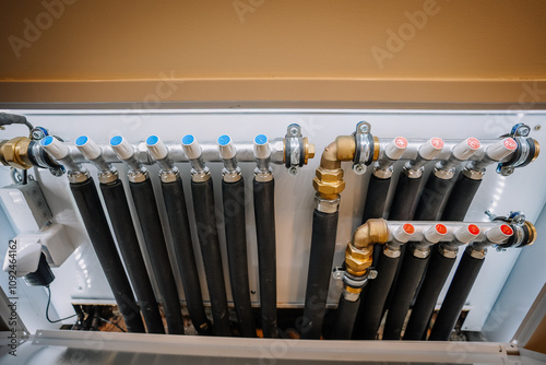 A close-up of a modern plumbing manifold system with black insulated pipes, labeled valves, and brass fittings, installed neatly against a wall.