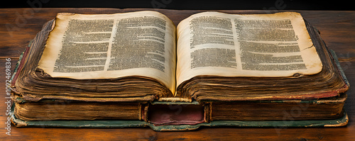 Antique Book with Aged Pages Open, Displaying Old Text and Binding on Wooden Table