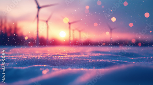 Wind power plants on a snow-covered field with snowdrifts at the base against the backdrop of dawn. Bokeh effect. AI generative 