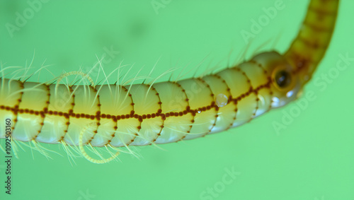 Gross close-up of a parasitic broad fish tapeworm, a long, flatworm-like intestinal parasite often found in undercooked fish, with intricate segments and feathery proglottids.