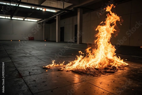 A burning fire crackles and spits in the air above a dark concrete floor creating a dramatic effect, flame, fire, concrete, dramatic