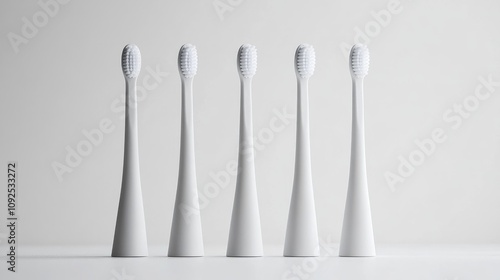 Five sleek electric toothbrush replacement heads arranged vertically, with one head positioned at an angle, against a clean white backdrop.